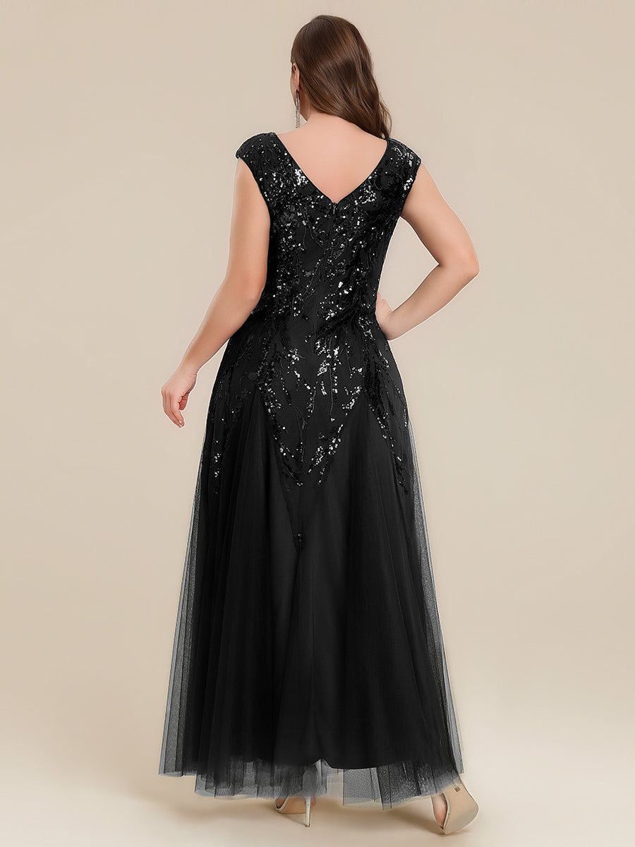 Plus Size Sequin V Neck Cap Sleeve Tulle Formal Evening Dress
