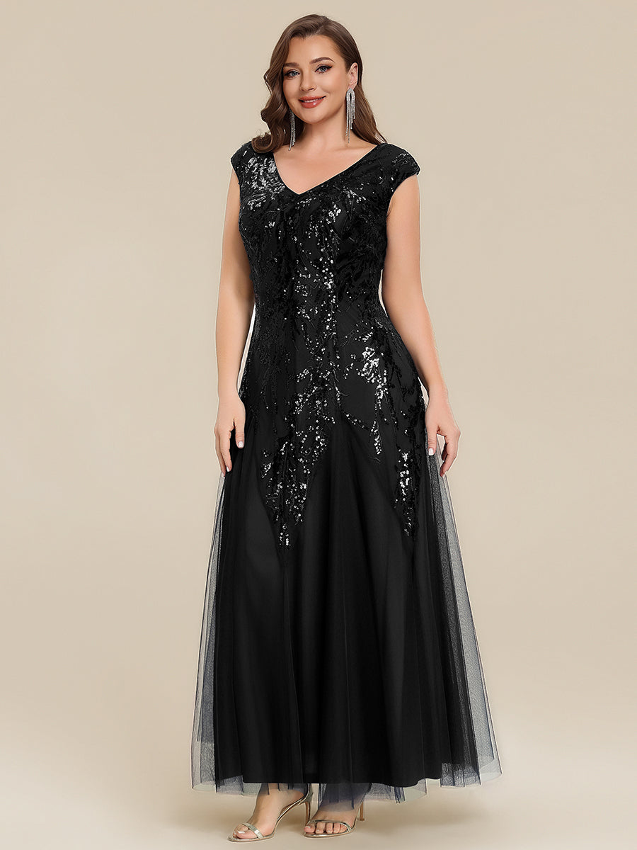 Plus Size Sequin V Neck Cap Sleeve Tulle Formal Evening Dress