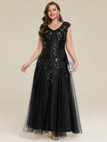 Plus Size Sequin V Neck Cap Sleeve Tulle Formal Evening Dress