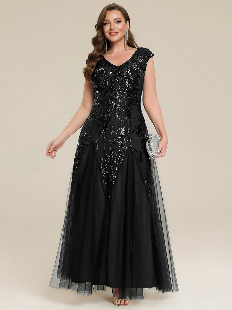 Plus Size Sequin V Neck Cap Sleeve Tulle Formal Evening Dress