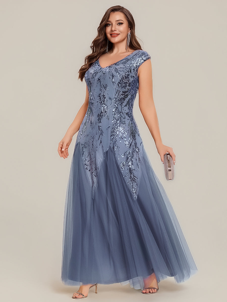 Plus Size Sequin V Neck Cap Sleeve Tulle Formal Evening Dress