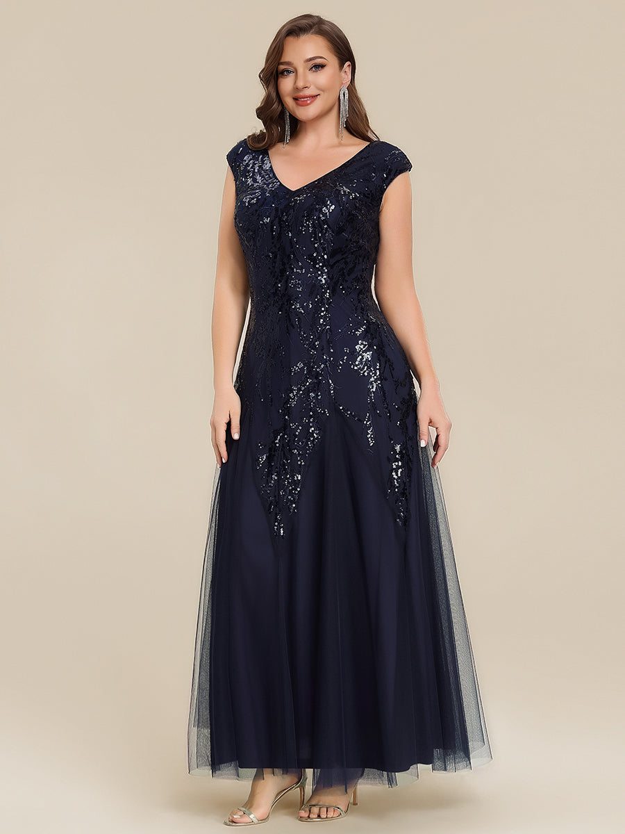 Plus Size Sequin V Neck Cap Sleeve Tulle Formal Evening Dress