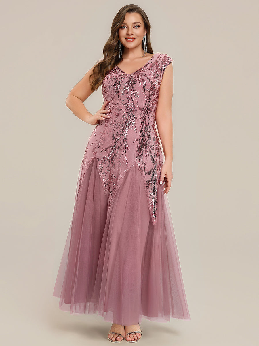 Plus Size Sequin V Neck Cap Sleeve Tulle Formal Evening Dress