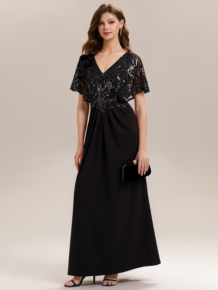 Sequin Cape Sleeve V-Neck Formal Dress