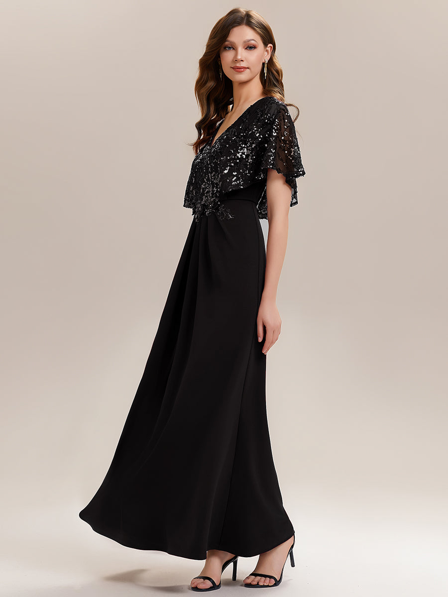 Sequin Cape Sleeve V-Neck Formal Dress