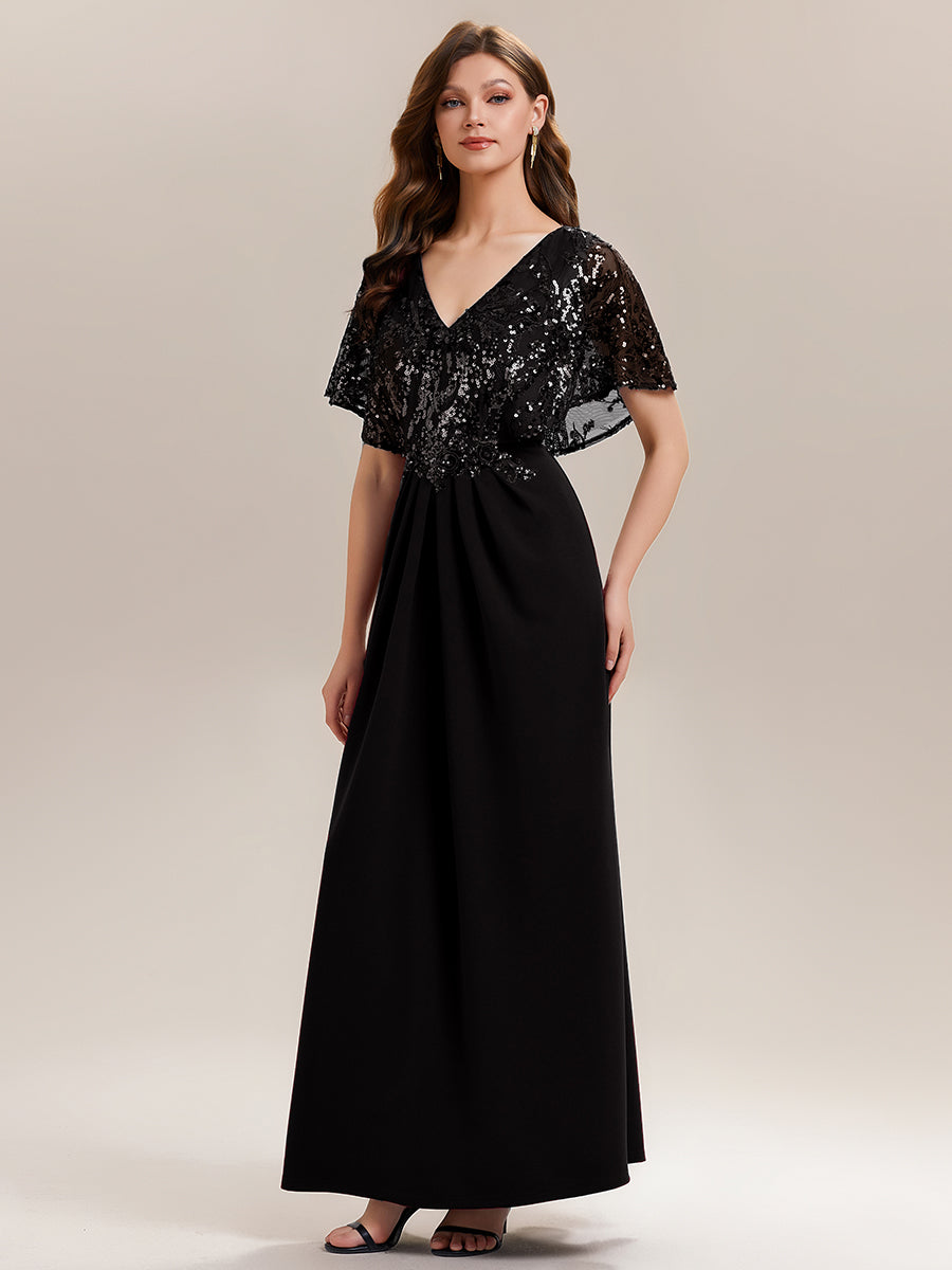 Sequin Cape Sleeve V-Neck Formal Dress