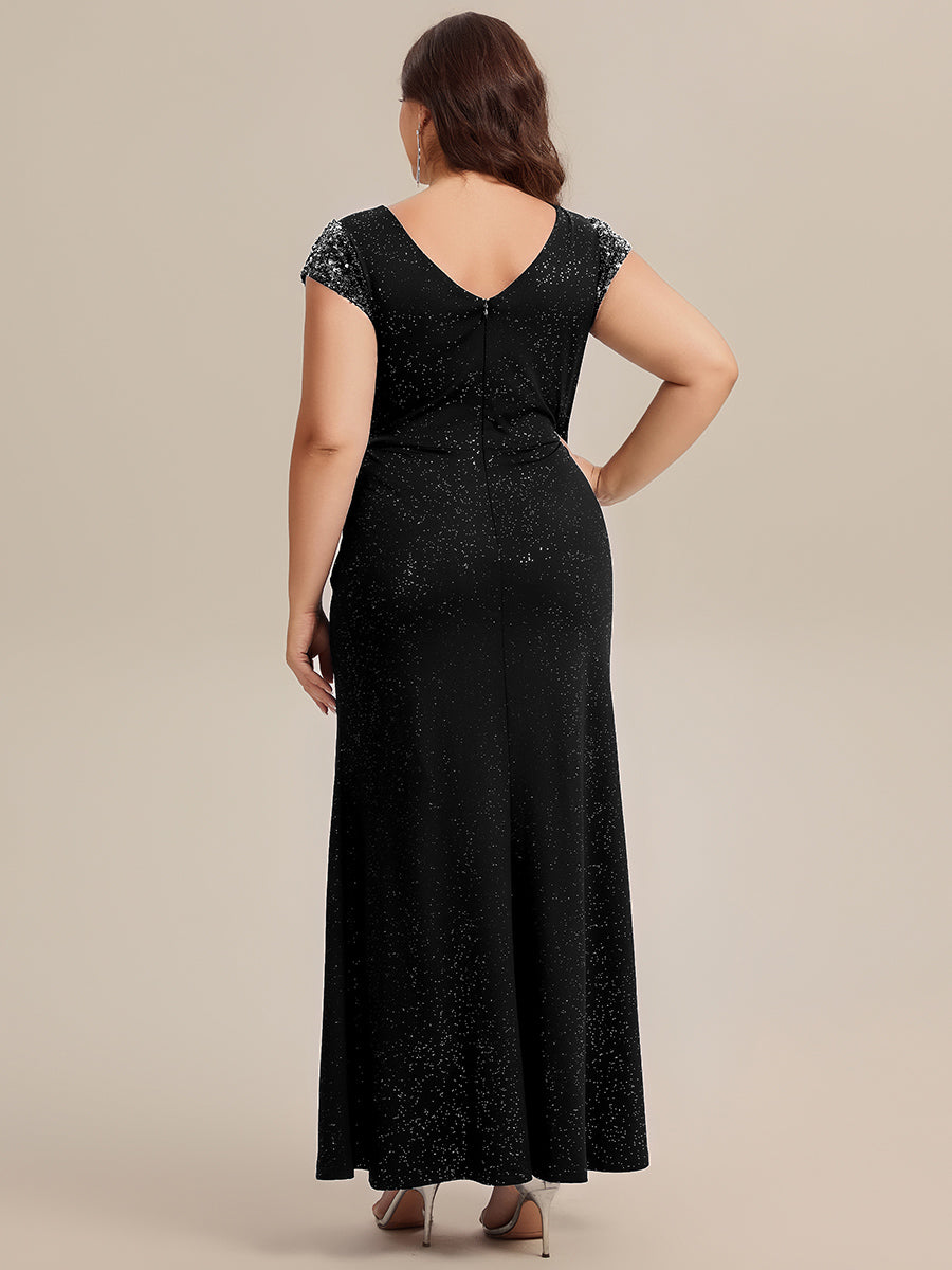 Knotted Knit Cap Sleeve Maxi Glitter Evening Dress