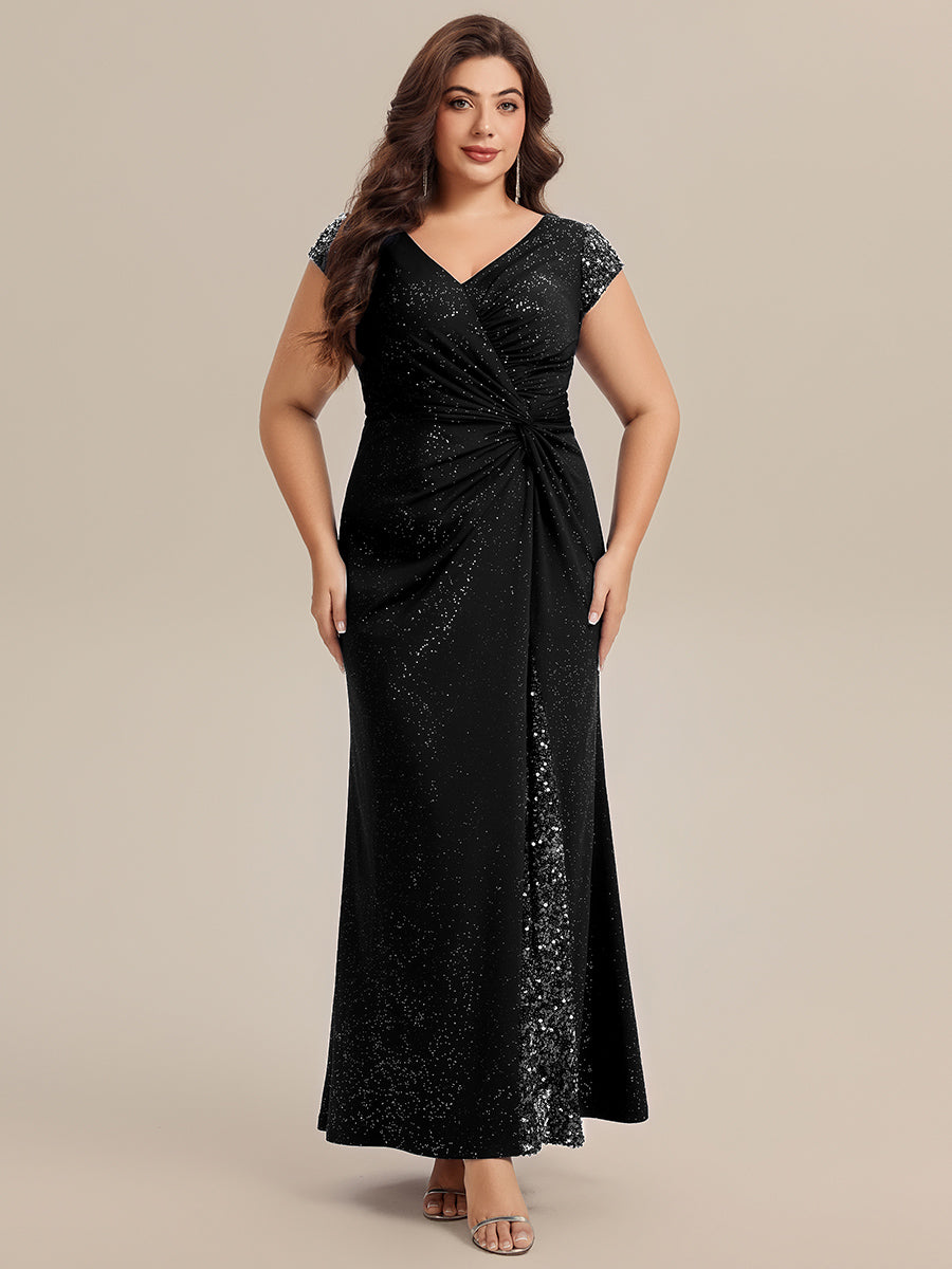 Knotted Knit Cap Sleeve Maxi Glitter Evening Dress