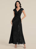 Knotted Knit Cap Sleeve Maxi Glitter Evening Dress