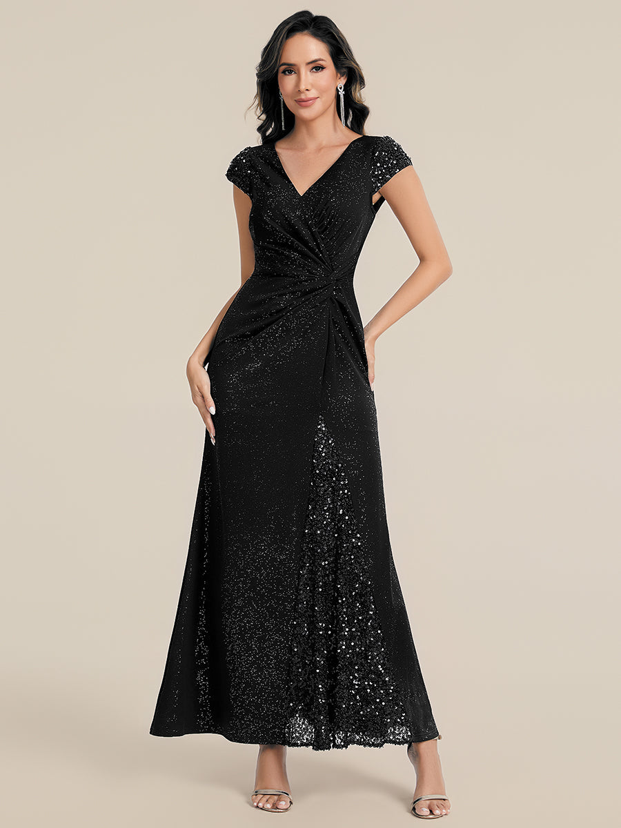 Knotted Knit Cap Sleeve Maxi Glitter Evening Dress