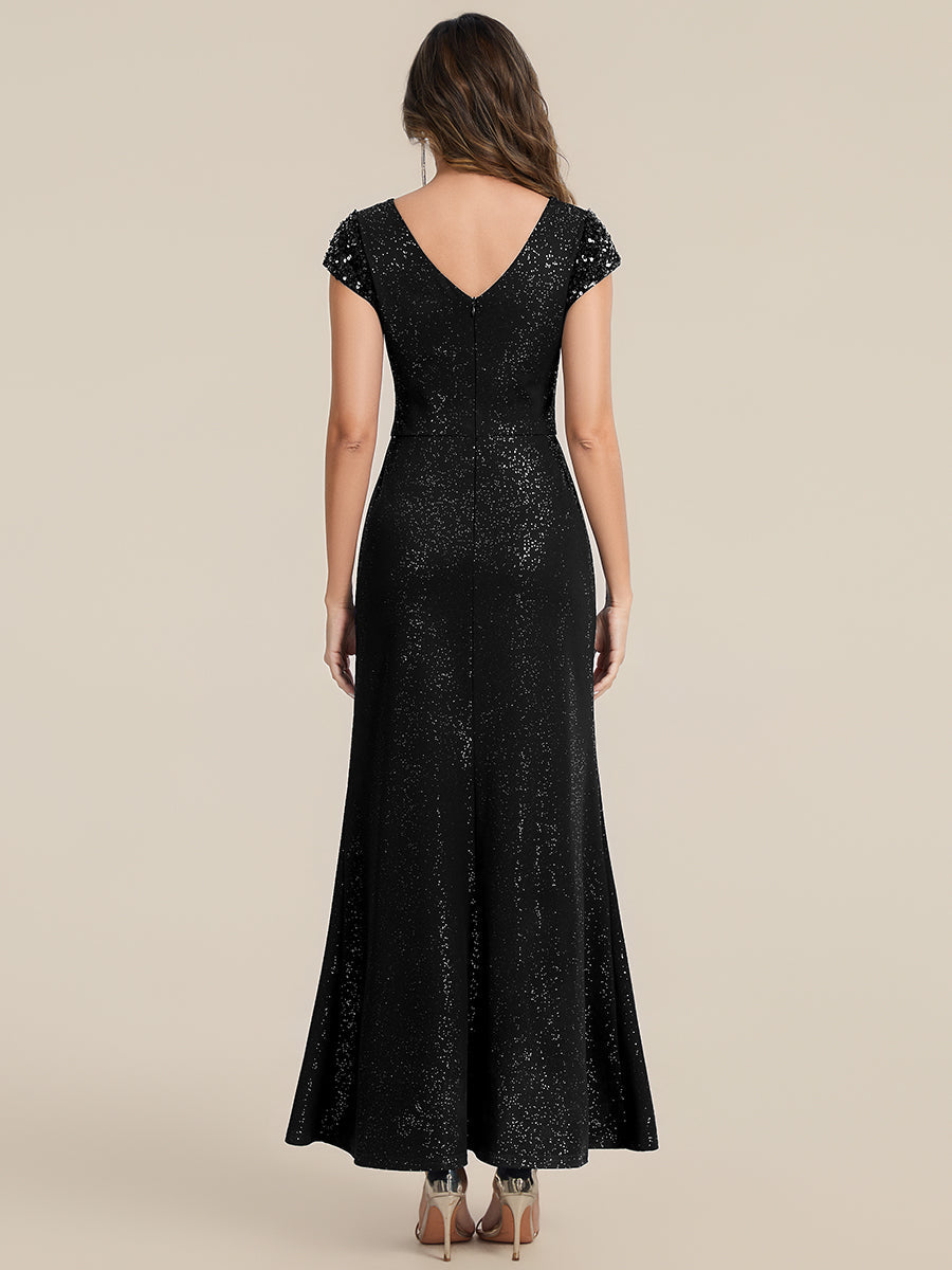 Knotted Knit Cap Sleeve Maxi Glitter Evening Dress