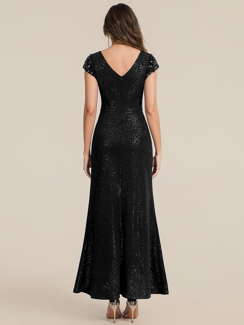 Knotted Knit Cap Sleeve Maxi Glitter Evening Dress