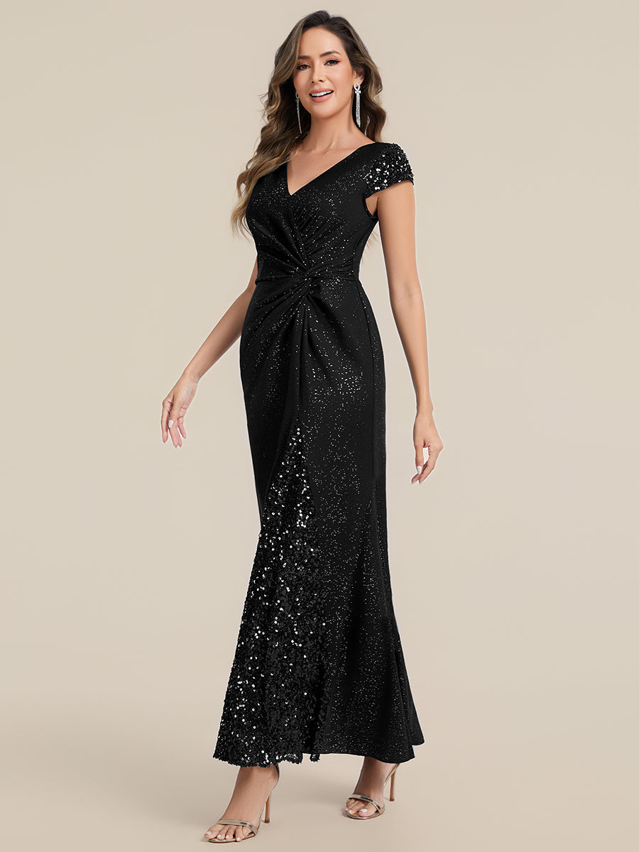 Knotted Knit Cap Sleeve Maxi Glitter Evening Dress
