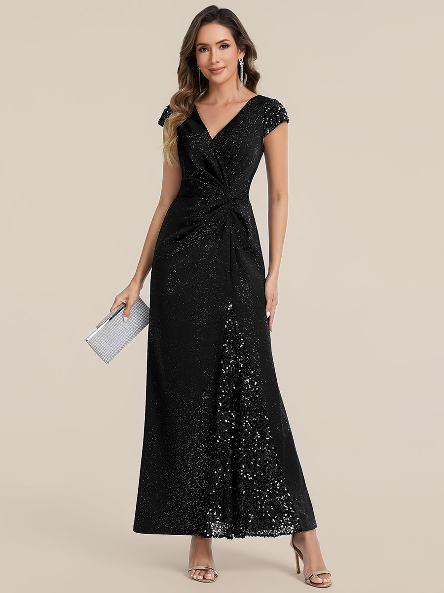 Knotted Knit Cap Sleeve Maxi Glitter Evening Dress