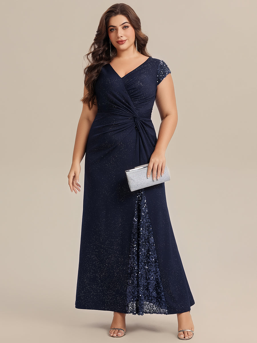 Knotted Knit Cap Sleeve Maxi Glitter Evening Dress