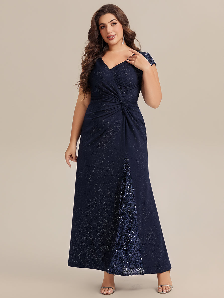 Knotted Knit Cap Sleeve Maxi Glitter Evening Dress
