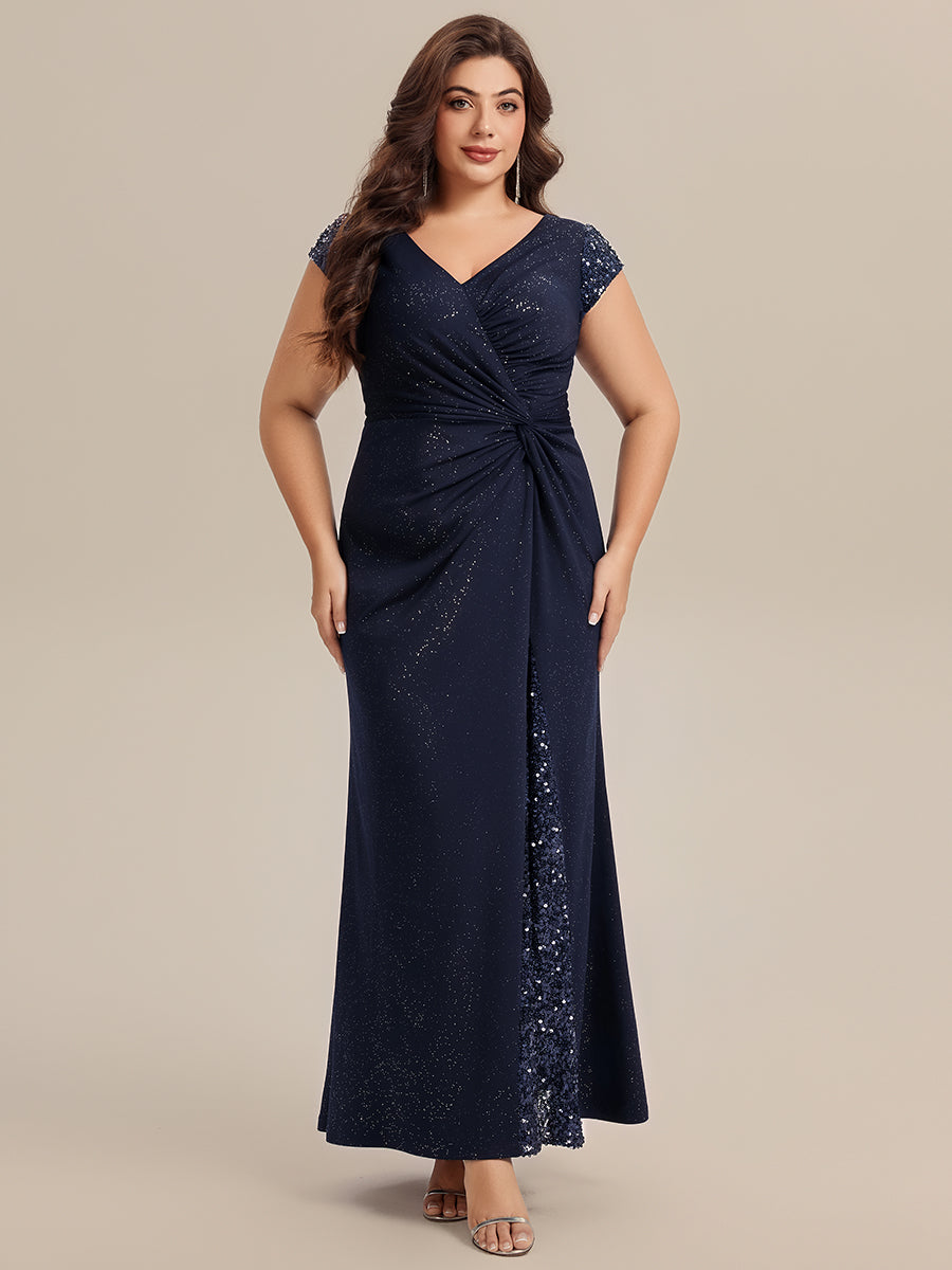 Knotted Knit Cap Sleeve Maxi Glitter Evening Dress