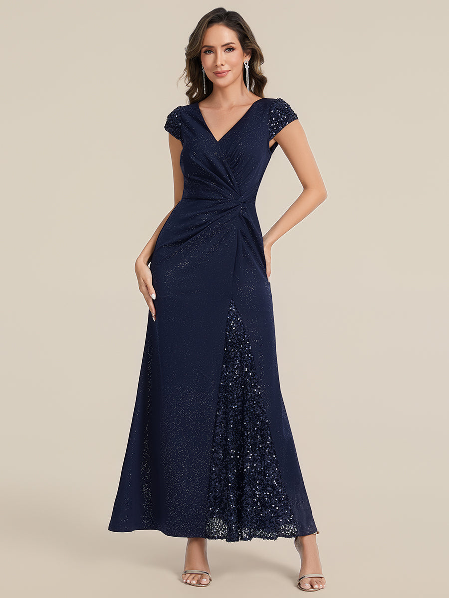 Knotted Knit Cap Sleeve Maxi Glitter Evening Dress