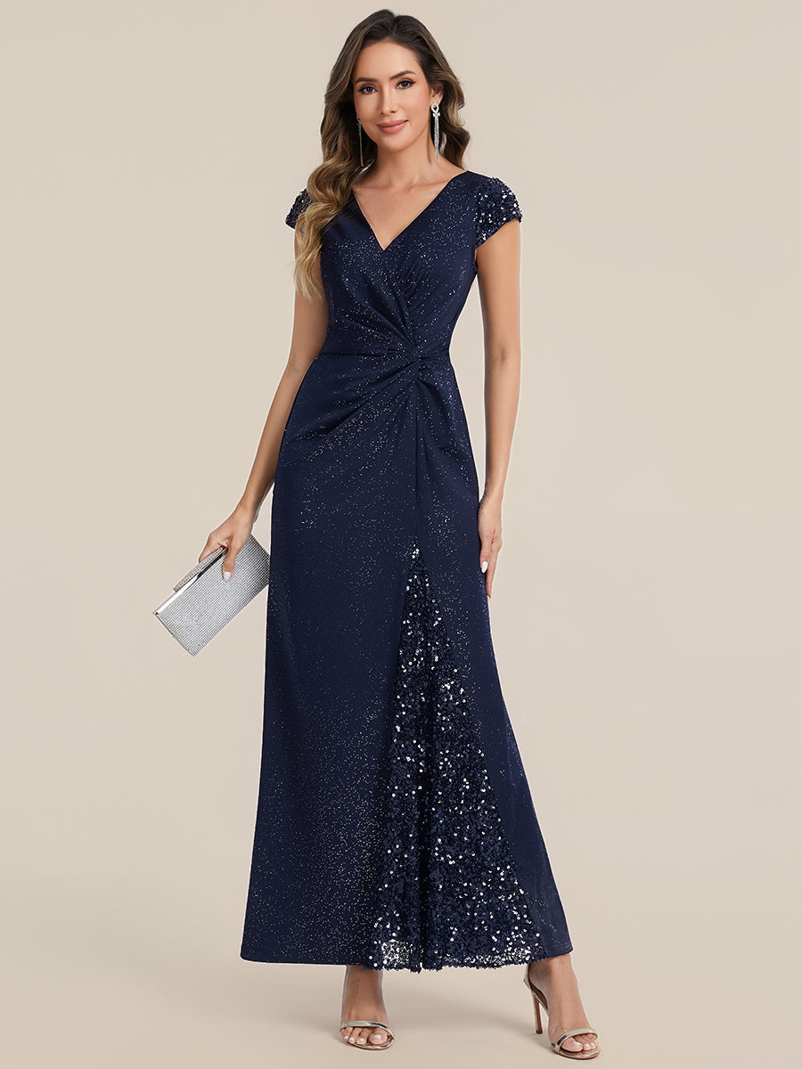 Knotted Knit Cap Sleeve Maxi Glitter Evening Dress