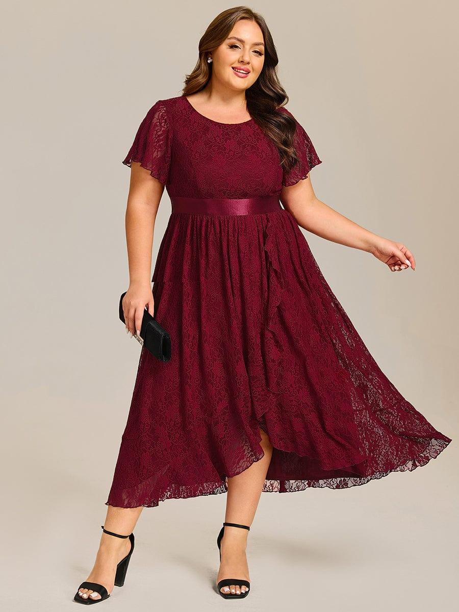pretty SEVYN|Plus Size Lace Flutter Sleeves Round Neckline Midi Formal Dress