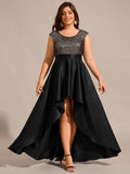 Plus Size Sequin Round Neckline High-Low Satin Formal Evening Dress