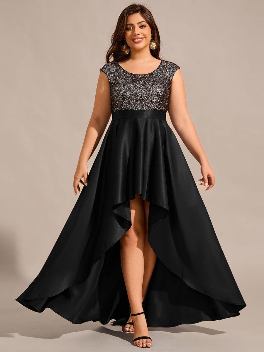 Plus Size Sequin Round Neckline High-Low Satin Formal Evening Dress