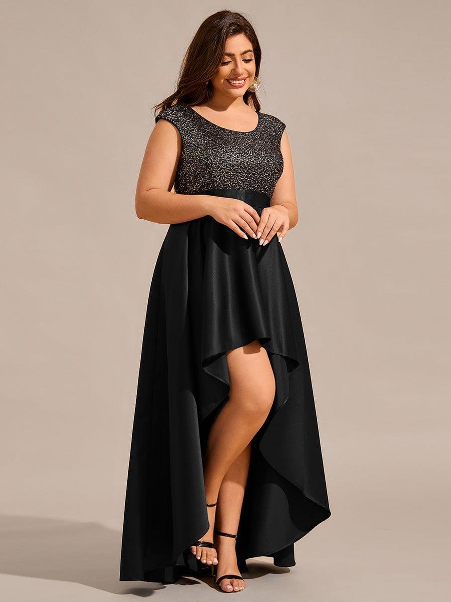 Plus Size Sequin Round Neckline High-Low Satin Formal Evening Dress