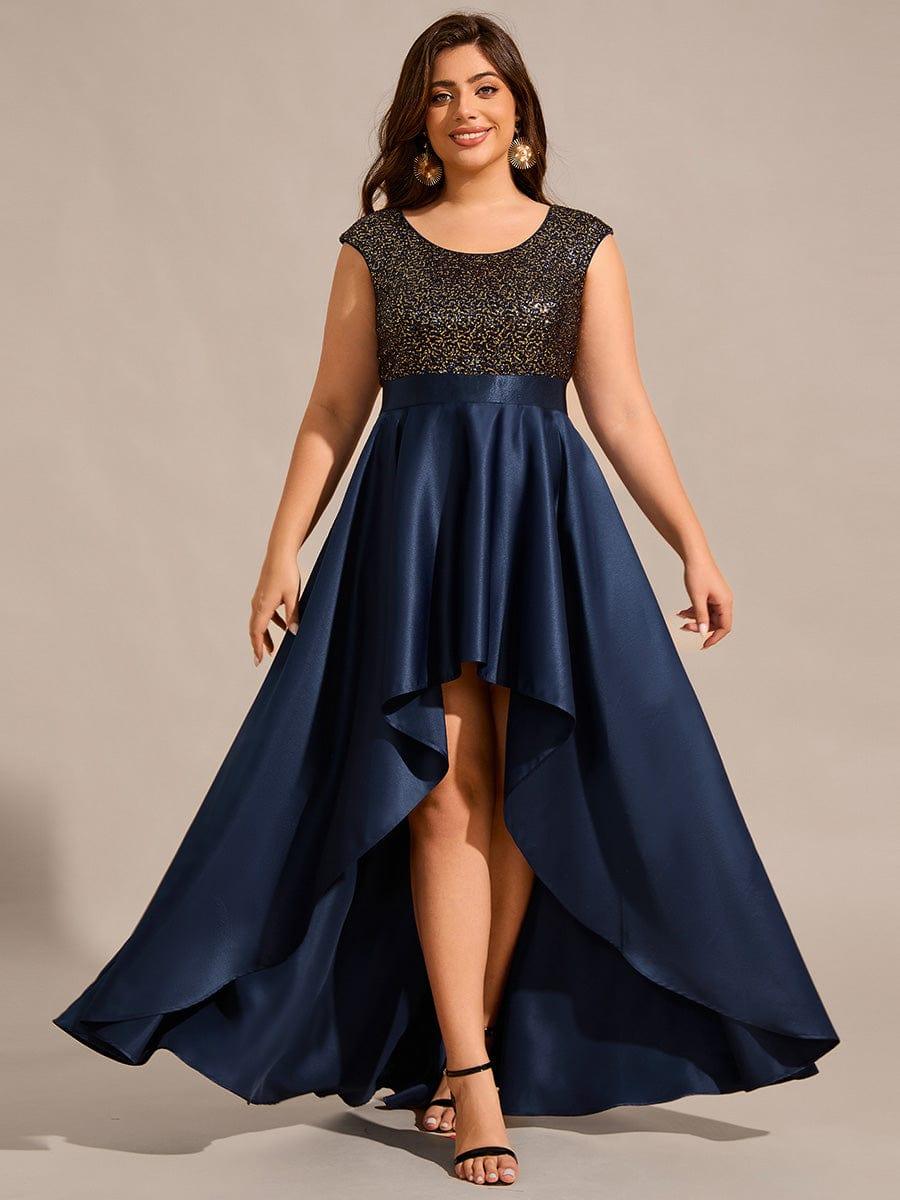 Plus Size Sequin Round Neckline High-Low Satin Formal Evening Dress
