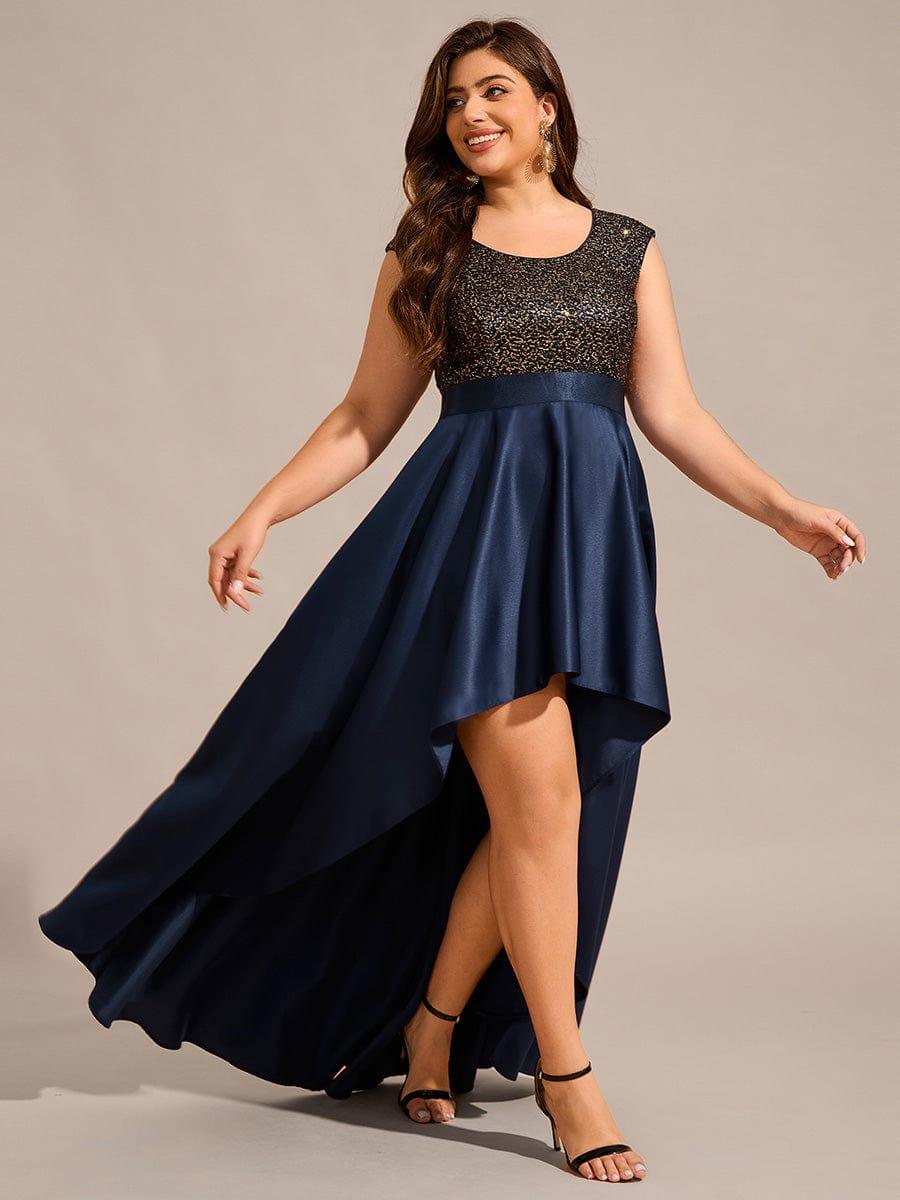 Plus Size Sequin Round Neckline High-Low Satin Formal Evening Dress