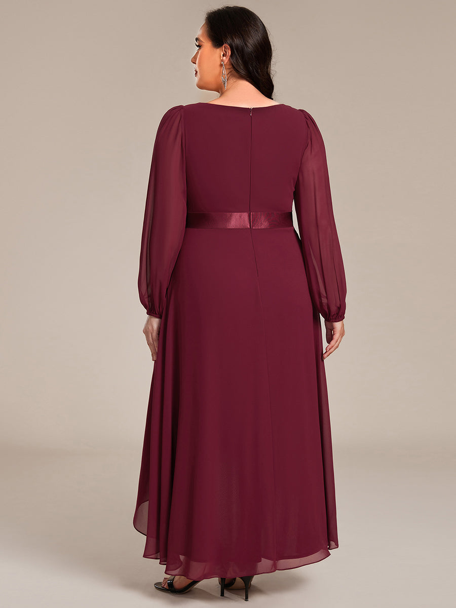 Pleated Chiffon Lantern Sleeve Evening Dress