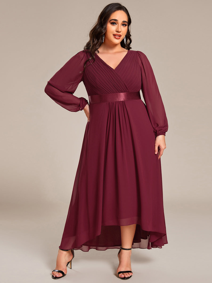Pleated Chiffon Lantern Sleeve Evening Dress