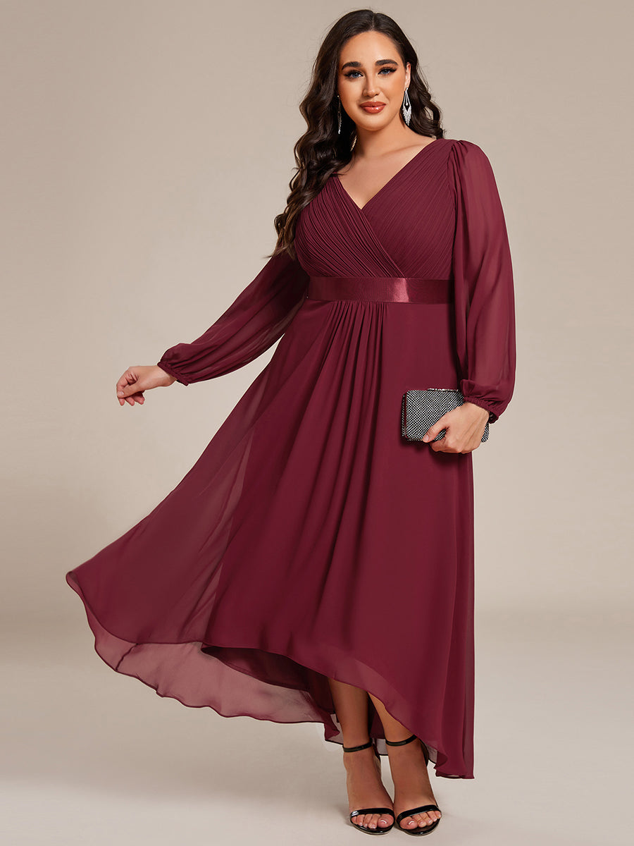 Pleated Chiffon Lantern Sleeve Evening Dress