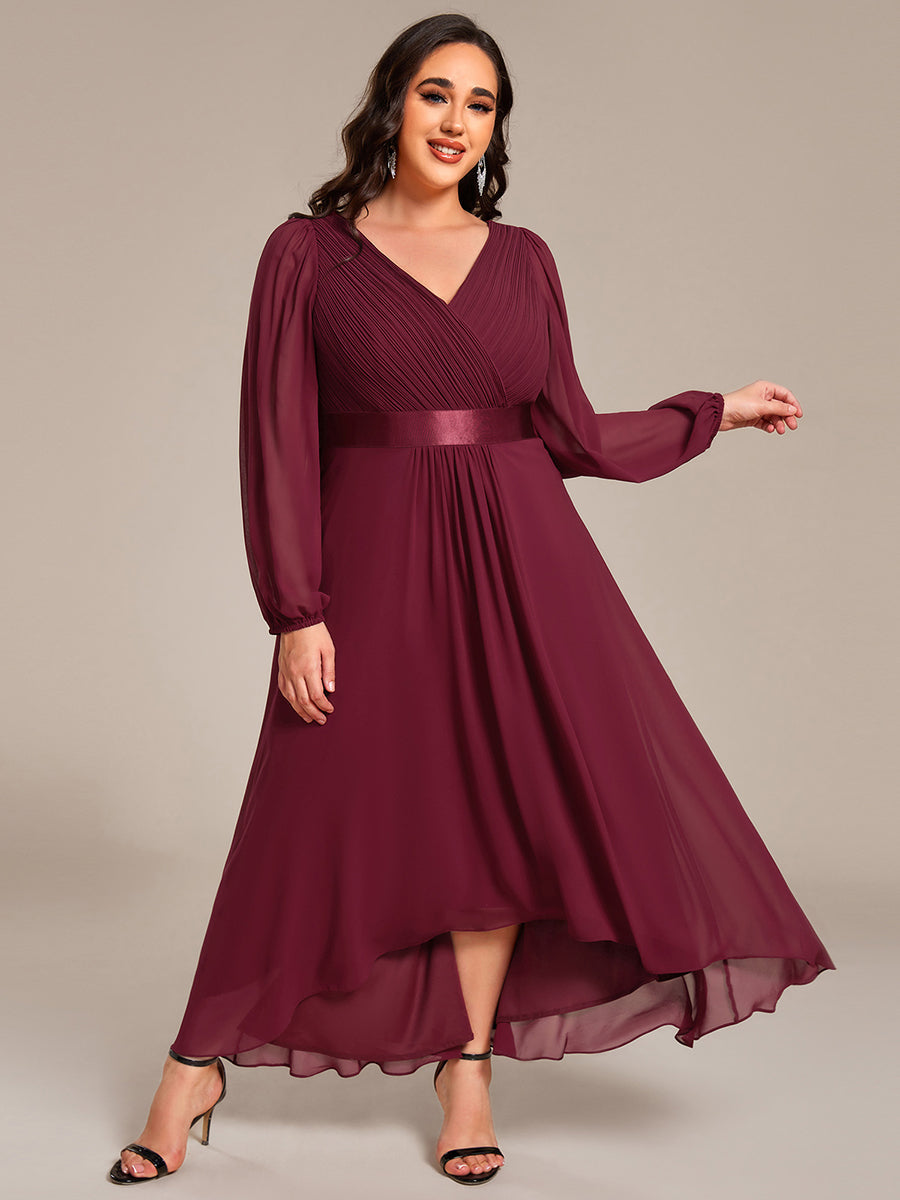 Pleated Chiffon Lantern Sleeve Evening Dress