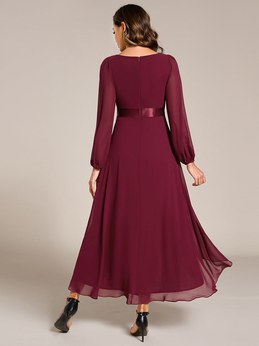 Pleated Chiffon Lantern Sleeve Evening Dress