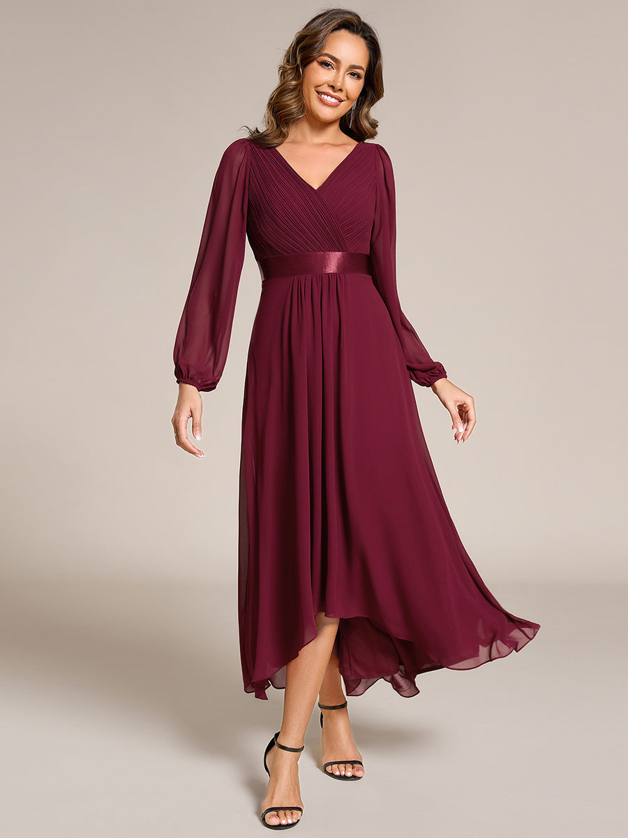 Pleated Chiffon Lantern Sleeve Evening Dress