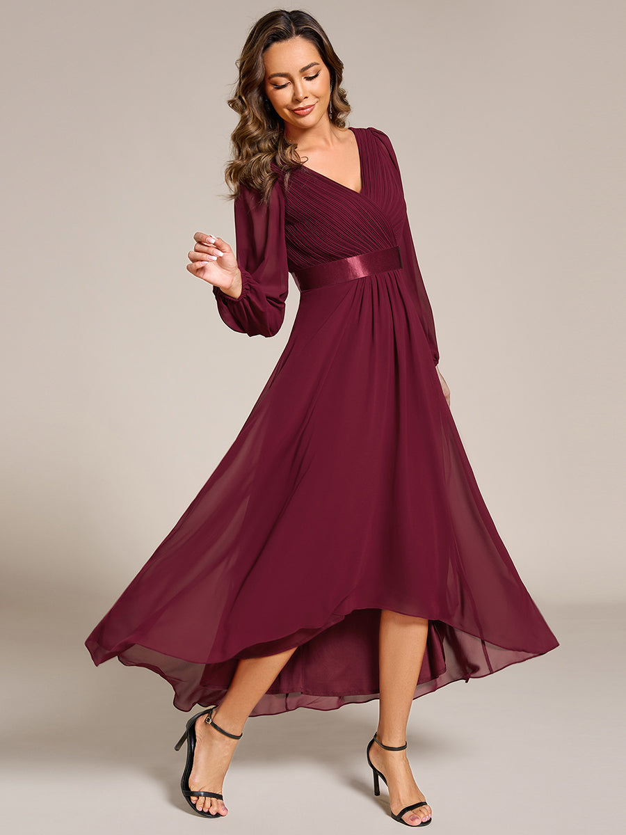 Pleated Chiffon Lantern Sleeve Evening Dress