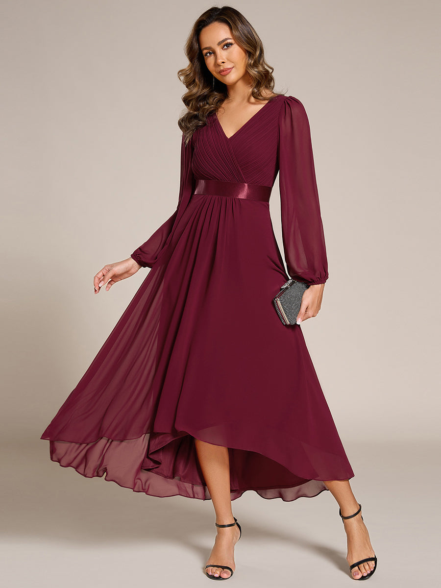Pleated Chiffon Lantern Sleeve Evening Dress