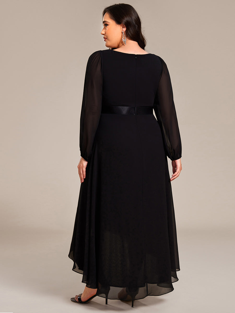 Pleated Chiffon Lantern Sleeve Evening Dress