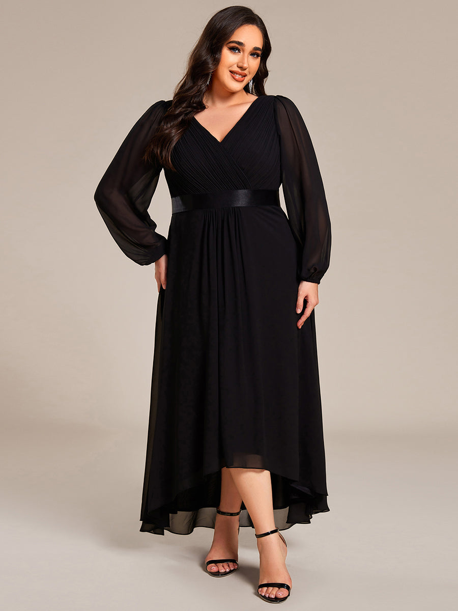 Pleated Chiffon Lantern Sleeve Evening Dress