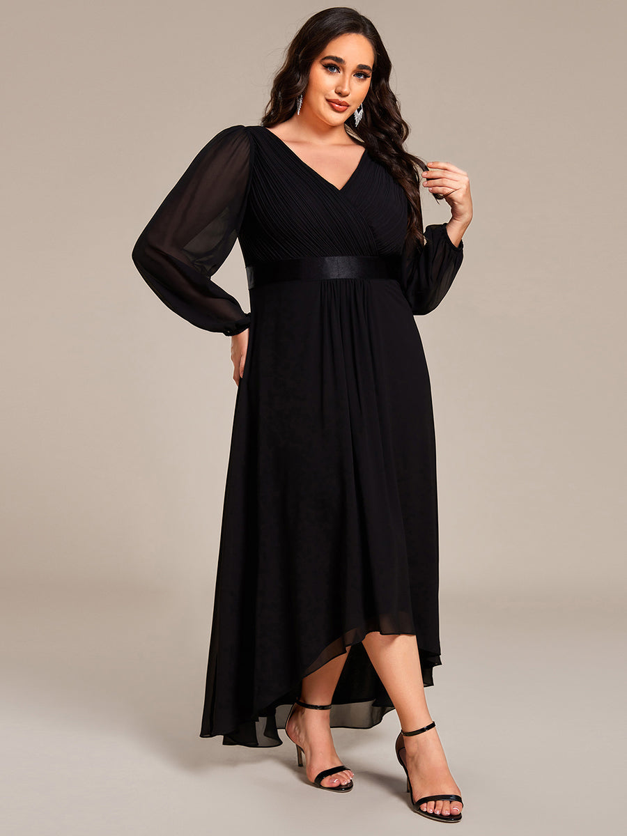 Pleated Chiffon Lantern Sleeve Evening Dress