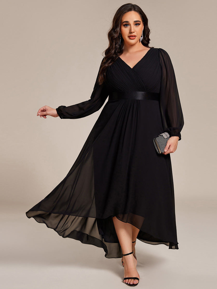 Pleated Chiffon Lantern Sleeve Evening Dress