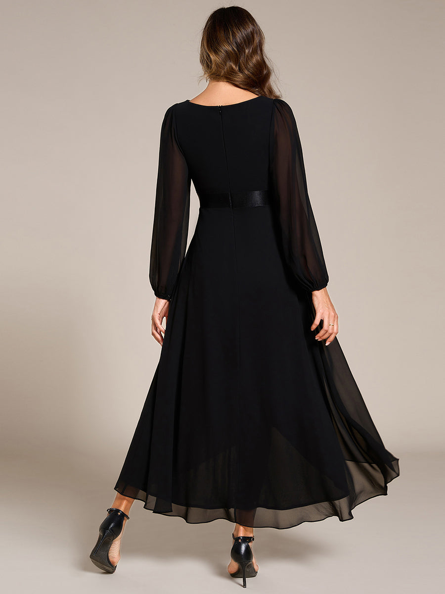 Pleated Chiffon Lantern Sleeve Evening Dress