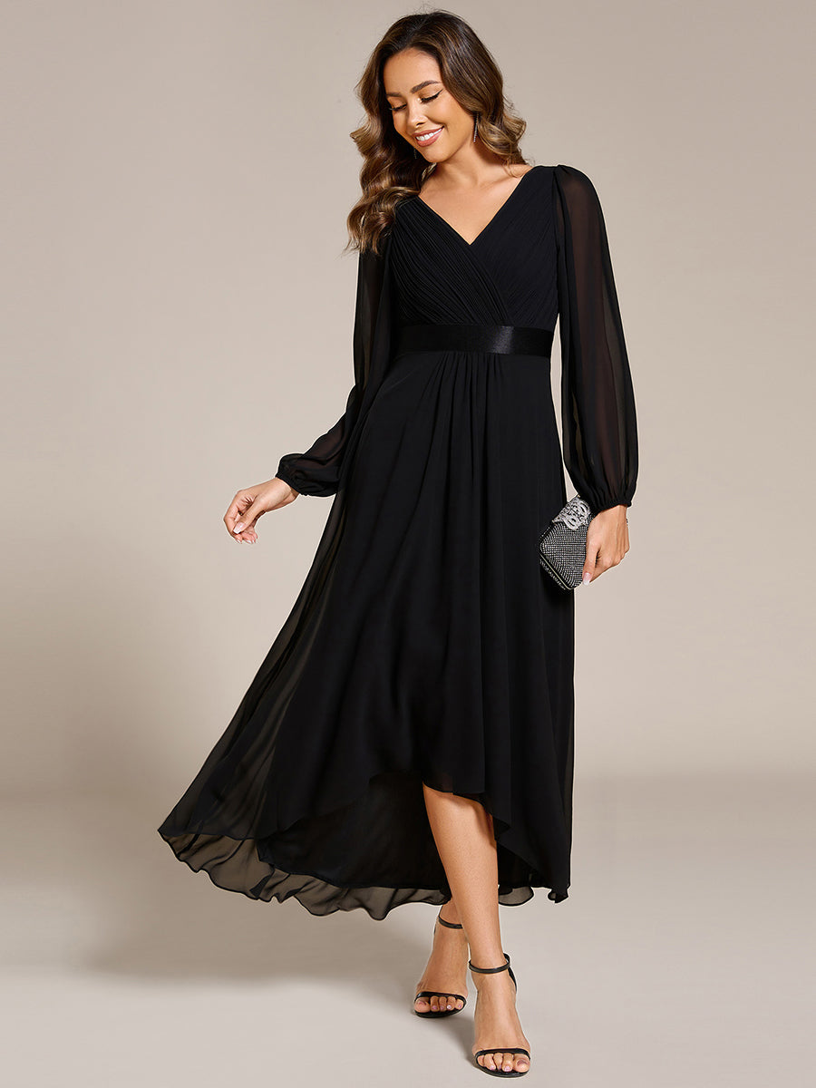 Pleated Chiffon Lantern Sleeve Evening Dress
