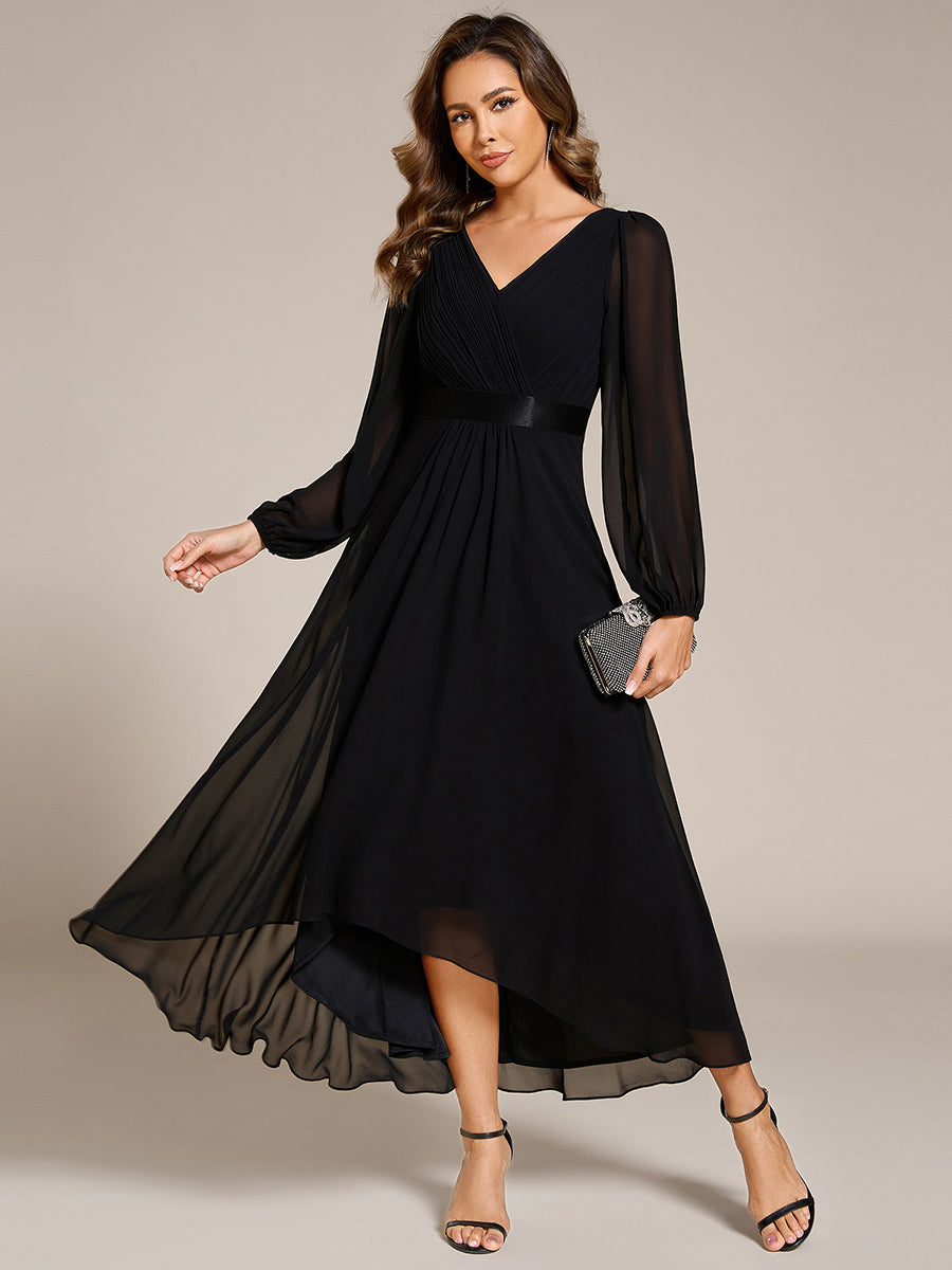 Pleated Chiffon Lantern Sleeve Evening Dress