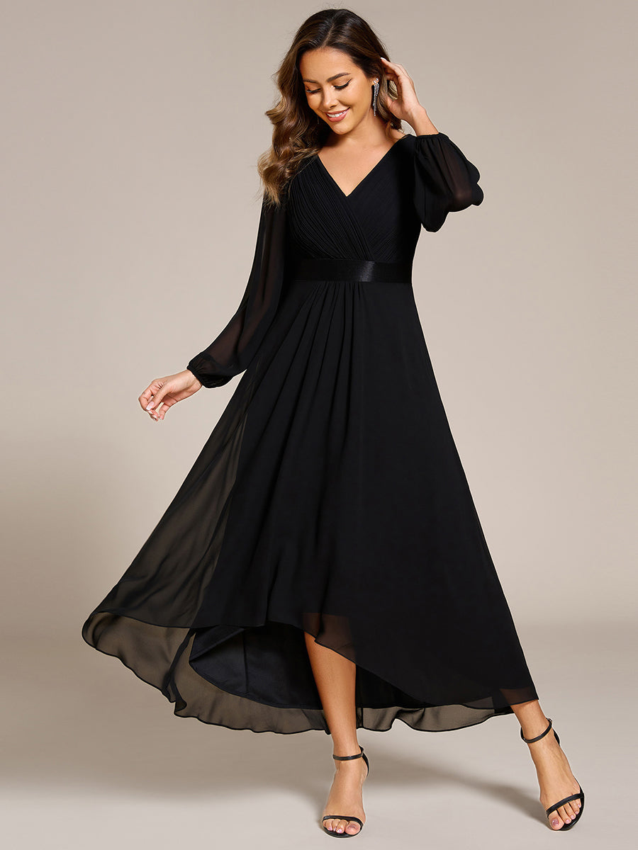 Pleated Chiffon Lantern Sleeve Evening Dress