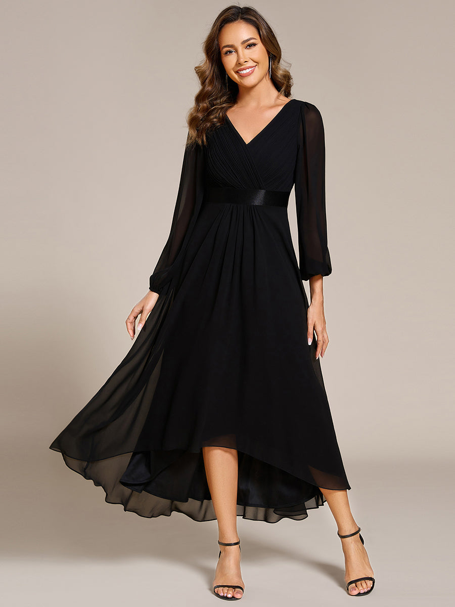 Pleated Chiffon Lantern Sleeve Evening Dress
