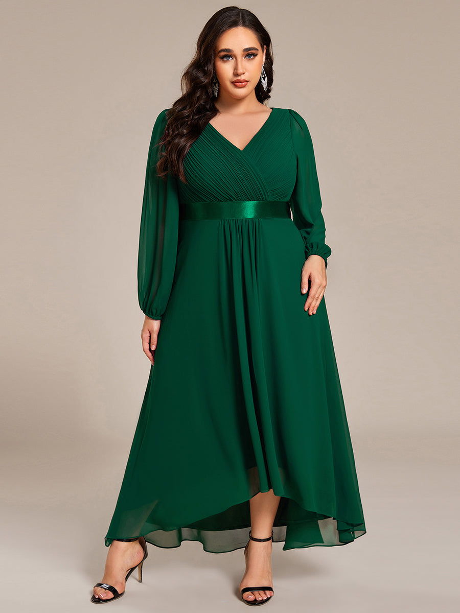 Pleated Chiffon Lantern Sleeve Evening Dress