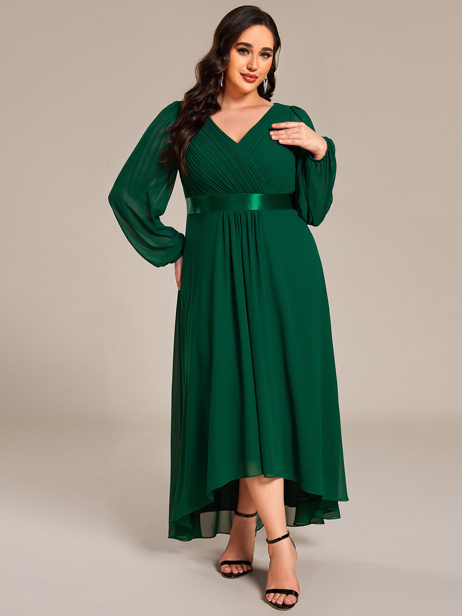 Pleated Chiffon Lantern Sleeve Evening Dress