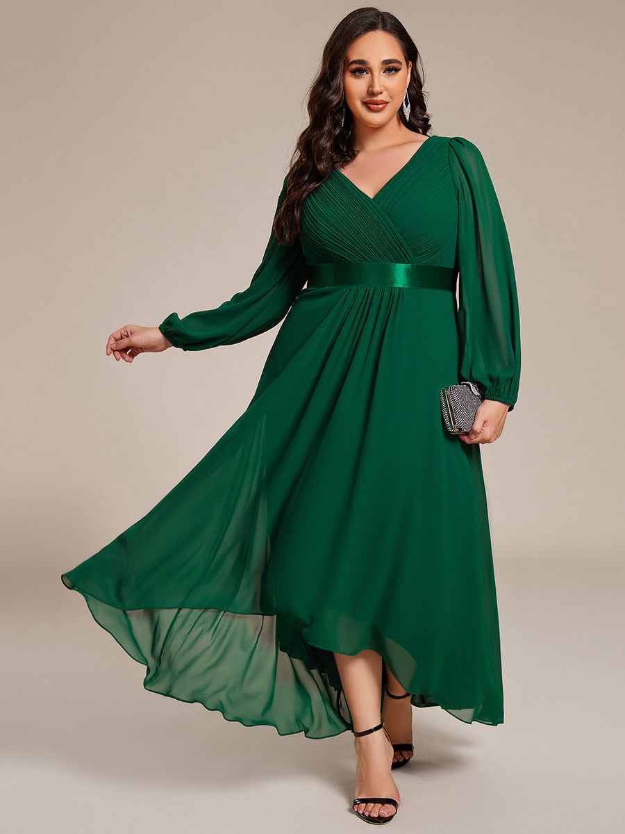 Pleated Chiffon Lantern Sleeve Evening Dress
