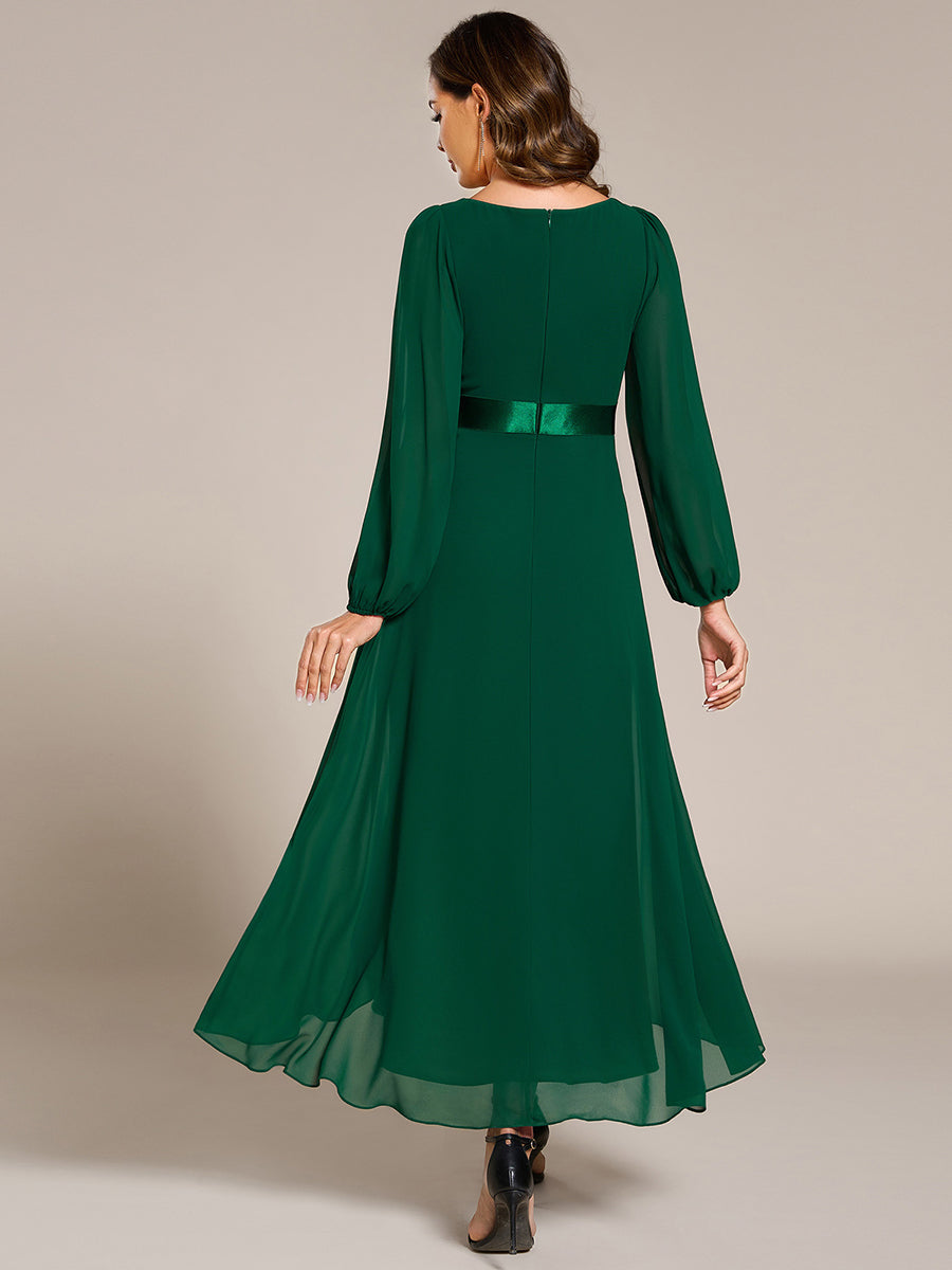 Pleated Chiffon Lantern Sleeve Evening Dress